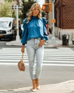 Go Getter Statement Sleeve Blouse - Blue - FINAL SALE -clothes Sales GoBetterStatementSleeveBlouseBlue4