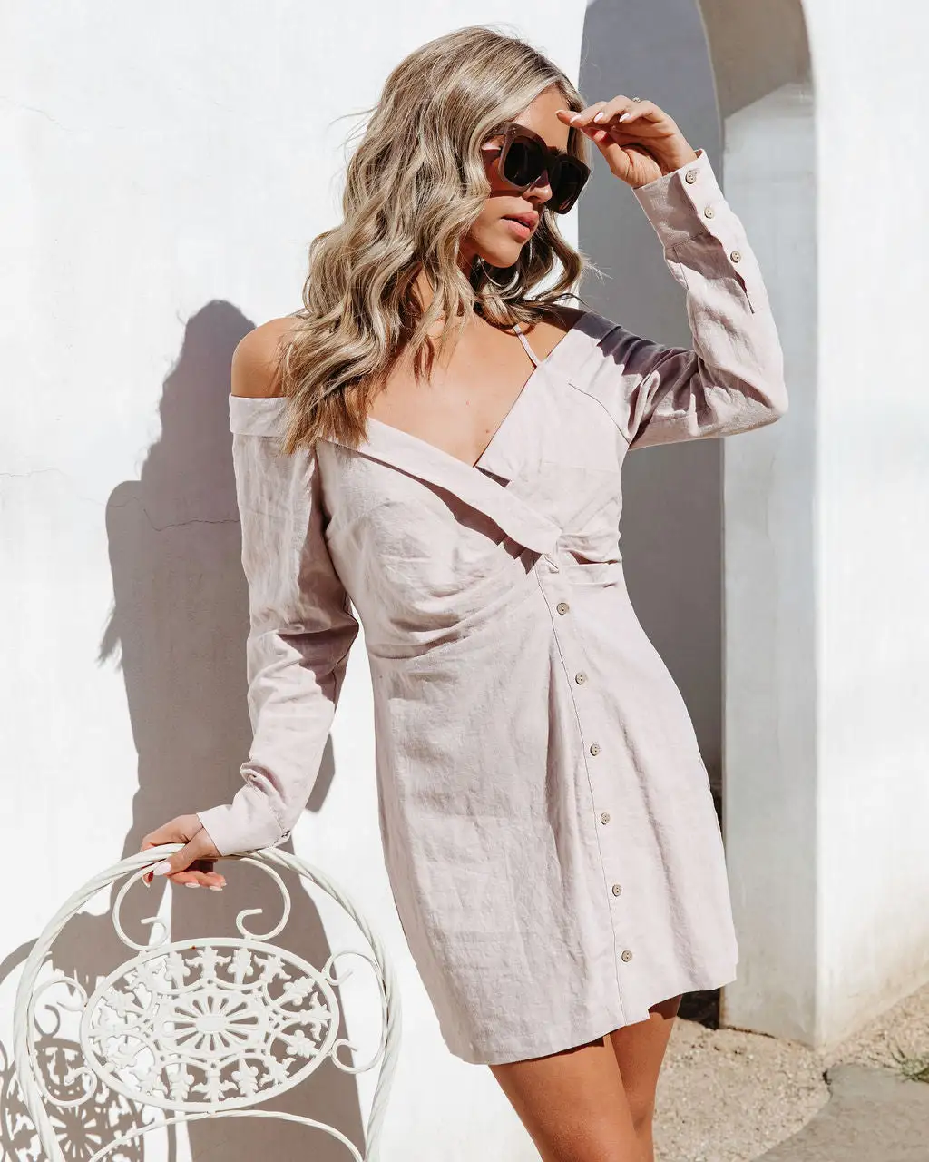 Good For Me Off The Shoulder Mini Dress - Taupe - FINAL SALE 1 Good For Me Off The Shoulder Mini Dress - Taupe - FINAL SALE