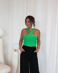 Ariah Ribbed Halter Top - Green
