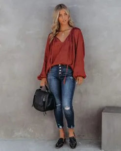 BY T-001 Harrow Satin Split Neck Blouse - Burgundy - FINAL SALE -clothes Sales HarrowSatinSplitNeckBlouseBurgundy5