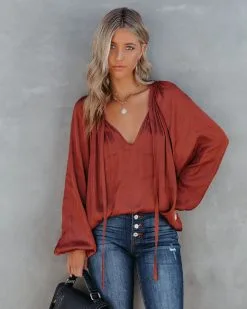 BY T-001 Harrow Satin Split Neck Blouse - Burgundy - FINAL SALE -clothes Sales HarrowSatinSplitNeckBlouseBurgundy88
