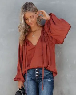 BY T-001 Harrow Satin Split Neck Blouse - Burgundy - FINAL SALE -clothes Sales HarrowSatinSplitNeckBlouseBurgundy97