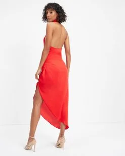 Havyn Satin Asymmetrical Halter Midi Dress - Red - SALE 10 Havyn Satin Asymmetrical Halter Midi Dress - Red - SALE -clothes Sales Havyn Satin Asymmetrical Halter Midi Dress Red 0492