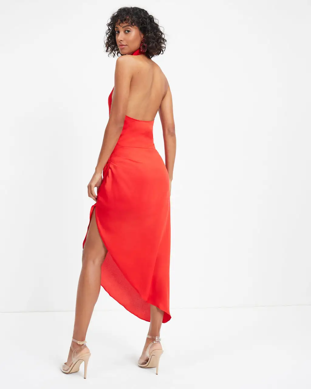 Havyn Satin Asymmetrical Halter Midi Dress - Red - SALE 4 Havyn Satin Asymmetrical Halter Midi Dress - Red - SALE - Image 4