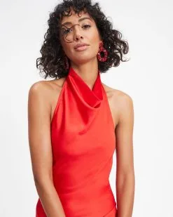 Havyn Satin Asymmetrical Halter Midi Dress - Red - SALE 12 Havyn Satin Asymmetrical Halter Midi Dress - Red - SALE -clothes Sales Havyn Satin Asymmetrical Halter Midi Dress Red 0517