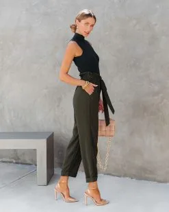 CHRY-001 Busy As Usual Pocketed Paper Bag Pants - Dark Olive -clothes Sales Huntersleevelessmockneckknitbodysuitforestgreen Busyasusualpocketedpaperbagpantsdarkolive76