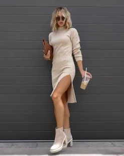 Agnes Ribbed Mock Neck Midi Dress - Beige - FINAL SALE