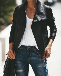 DANC-001 Slick Chick Coated Faux Leather Moto Jacket - Black