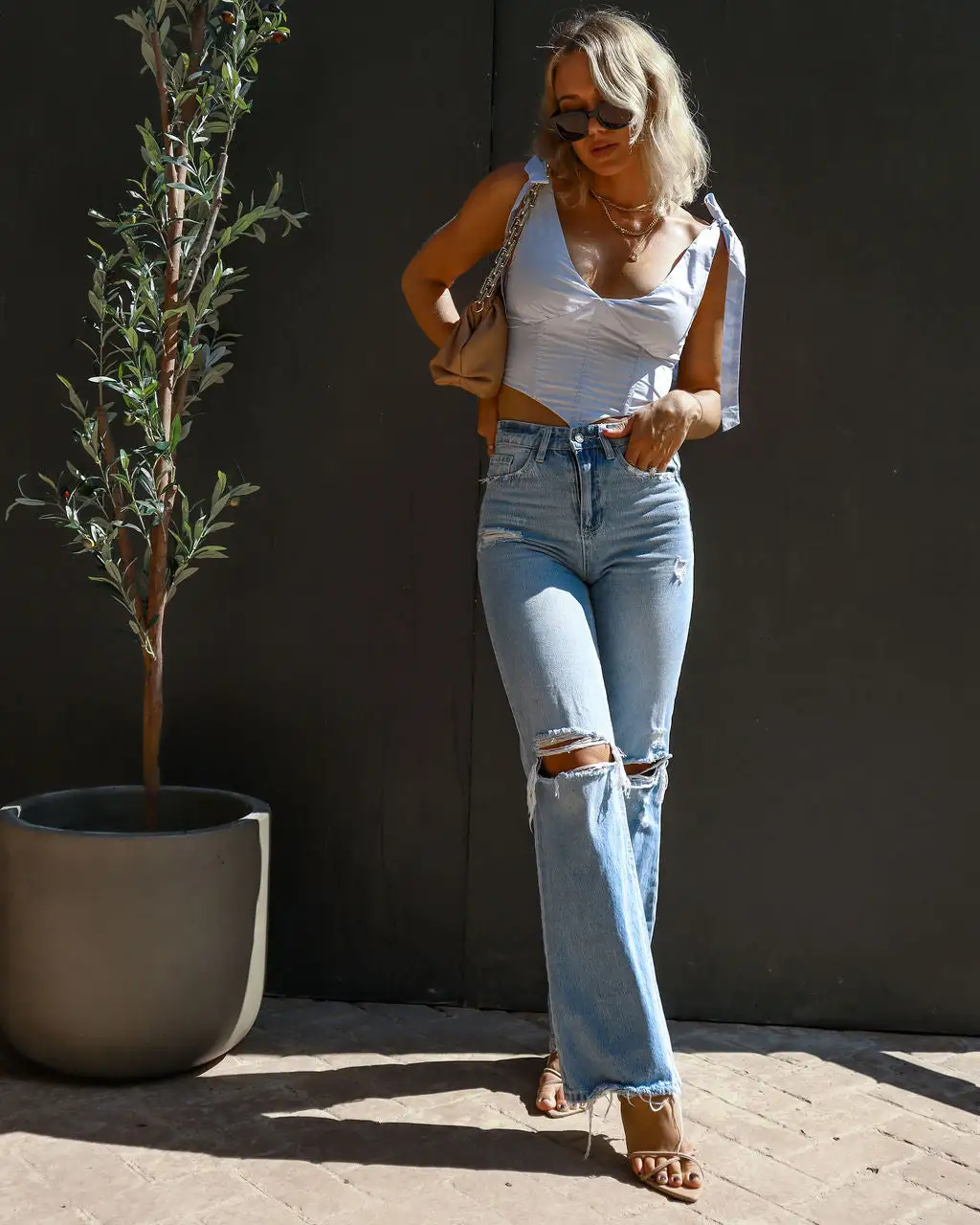 MABL-001 All Of Me Shoulder Tie Crop Tank - Light Blue - FINAL SALE 1 MABL-001 All Of Me Shoulder Tie Crop Tank - Light Blue - FINAL SALE