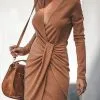 TYCH-001 Gabriella Ribbed Twist Dress - Camel - FINAL SALE