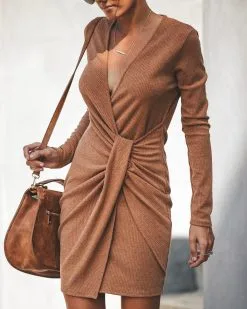 TYCH-001 Gabriella Ribbed Twist Dress - Camel - FINAL SALE