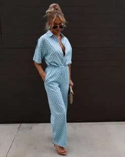 BLUE-001 Check Yourself Cotton Blend Drawstring Pants - Blue - SALE