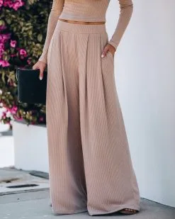 Hermosa Pocketed Ribbed Wide Leg Pants - Mocha - FINAL SALE