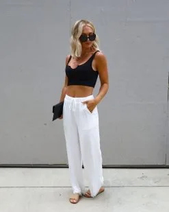 GILL-001 Barrino Pocketed Frayed Hem Drawstring Pants - White