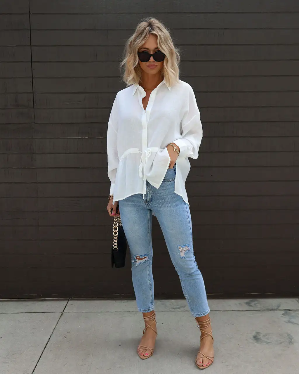 Carmel Bay Button Down Waist Tie Top - White - SALE 3 Carmel Bay Button Down Waist Tie Top - White - SALE - Image 3