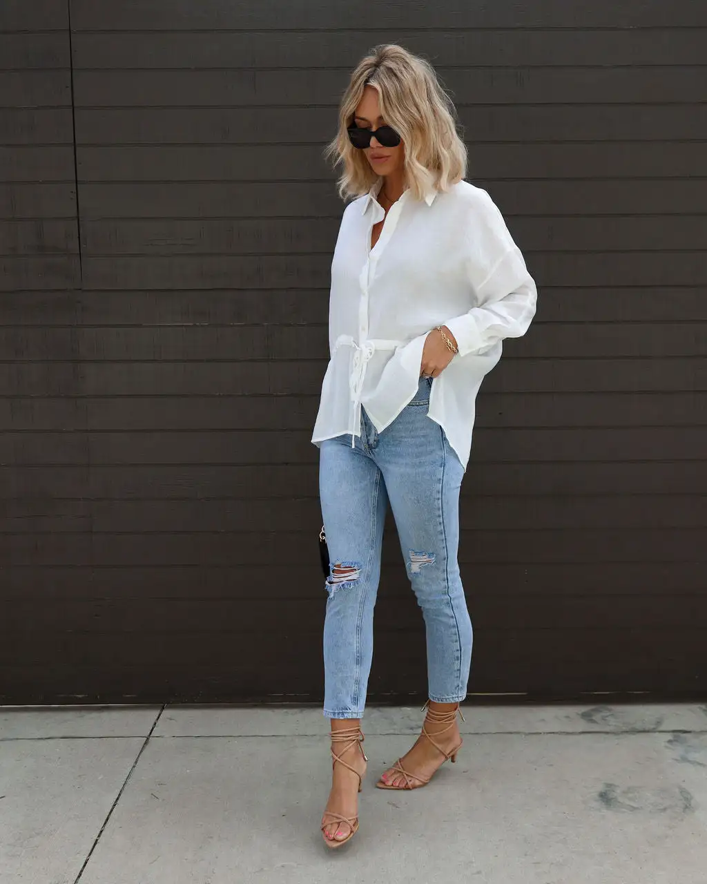 Carmel Bay Button Down Waist Tie Top - White - SALE 1 Carmel Bay Button Down Waist Tie Top - White - SALE