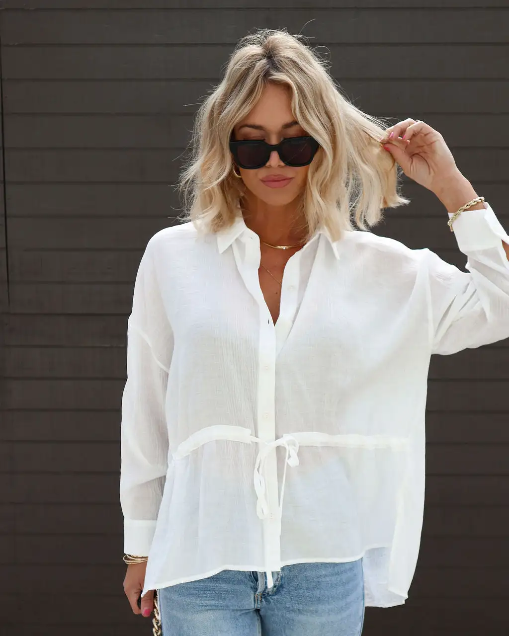 Carmel Bay Button Down Waist Tie Top - White - SALE 2 Carmel Bay Button Down Waist Tie Top - White - SALE - Image 2