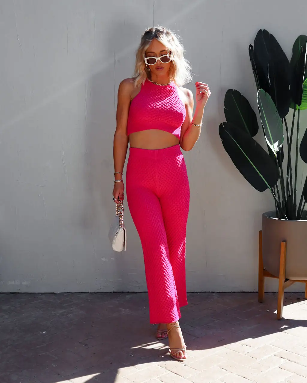 STOR-001 Phoebe Knit Textured Wide Leg Pants - Hot Pink 6 STOR-001 Phoebe Knit Textured Wide Leg Pants - Hot Pink - Image 6