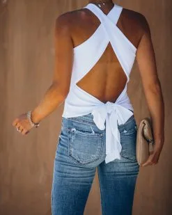 SAGE-001 Cross Paths Knit Tie Tank - White- FINAL SALE