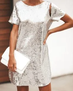 Tabloid Sequin Cut Out Shift Dress - Silver - FINAL SALE -clothes Sales IMG 8024