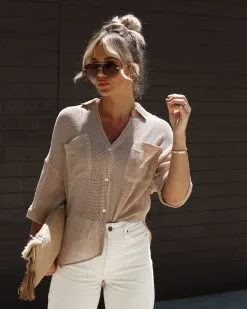 HYFV-001 La Jolla Cotton Textured Button Down Top - Taupe -clothes Sales IMG 8137 fa14a77b 1a65 4088 9e24 1f6213cbb9bf