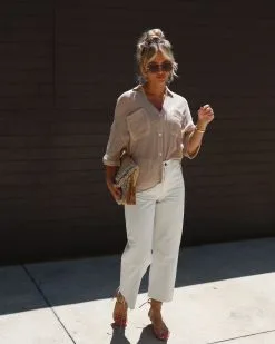 HYFV-001 La Jolla Cotton Textured Button Down Top - Taupe -clothes Sales IMG 8168