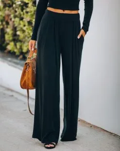 BY T-001 Hermosa Pocketed Ribbed Wide Leg Pants - Black - FINAL SALE