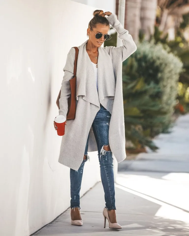 Fireside Pocketed Knit Cardigan - Heather Grey 8 Fireside Pocketed Knit Cardigan - Heather Grey - Image 8