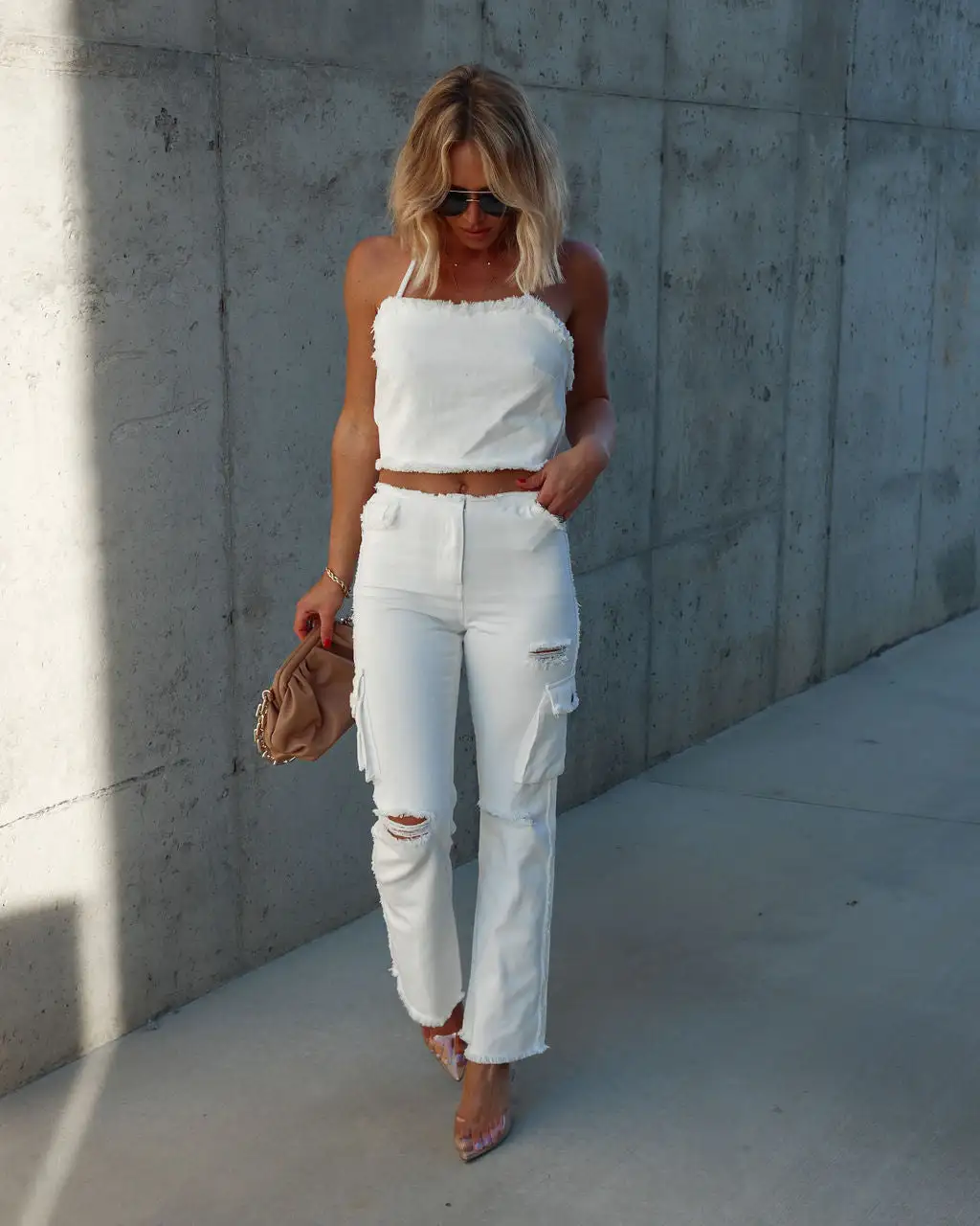 FATE-001 Such A Vibe Frayed Cotton Cargo Pants - White - SALE 3 FATE-001 Such A Vibe Frayed Cotton Cargo Pants - White - SALE - Image 3