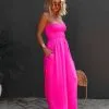 BUCK-001 Wynwood Smocked Strapless Pocketed Jumpsuit - Neon Pink - SALE
