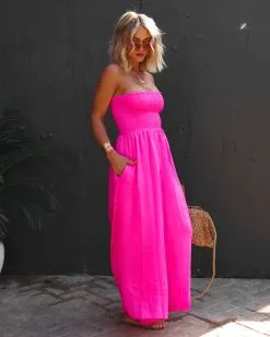 BUCK-001 Wynwood Smocked Strapless Pocketed Jumpsuit - Neon Pink - SALE