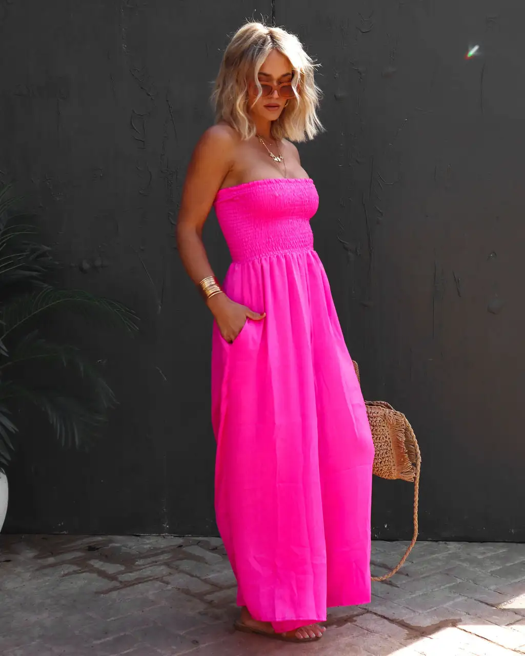 BUCK-001 Wynwood Smocked Strapless Pocketed Jumpsuit - Neon Pink - SALE 1 BUCK-001 Wynwood Smocked Strapless Pocketed Jumpsuit - Neon Pink - SALE