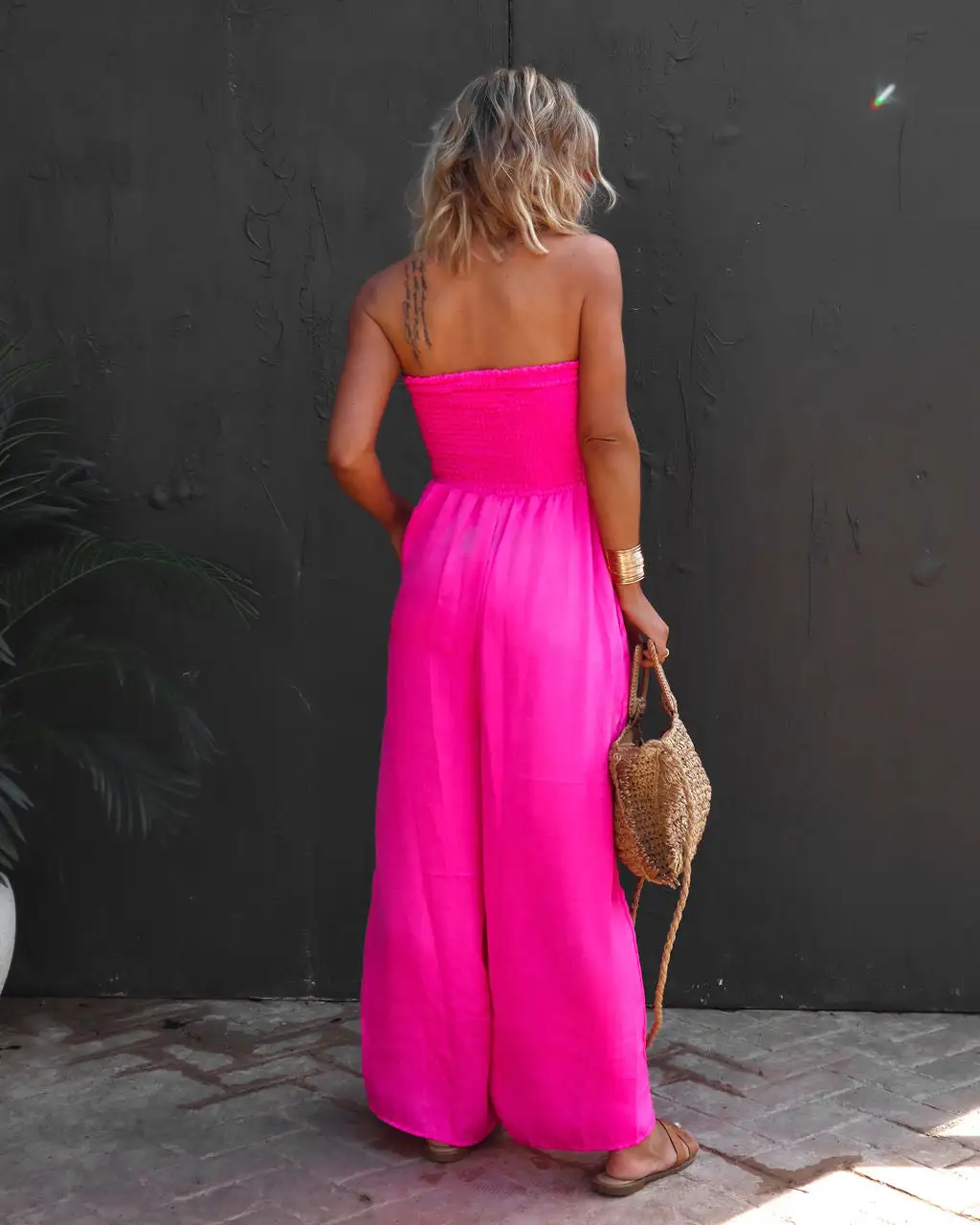 BUCK-001 Wynwood Smocked Strapless Pocketed Jumpsuit - Neon Pink - SALE 4 BUCK-001 Wynwood Smocked Strapless Pocketed Jumpsuit - Neon Pink - SALE - Image 4