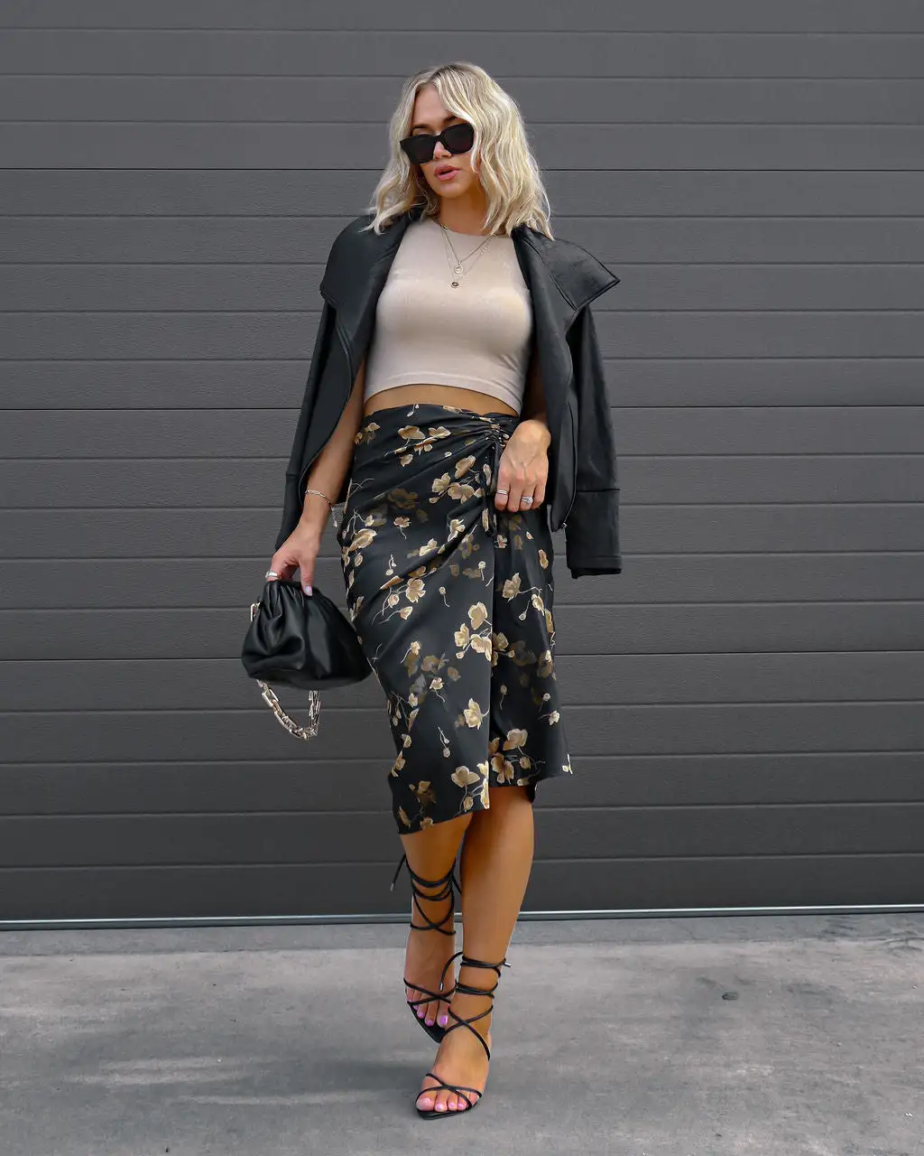 BLU-001 Golden Kind Satin Floral Ruched Midi Skirt - FINAL SALE 5 BLU-001 Golden Kind Satin Floral Ruched Midi Skirt - FINAL SALE - Image 5