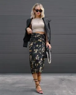 BLU-001 Golden Kind Satin Floral Ruched Midi Skirt - FINAL SALE