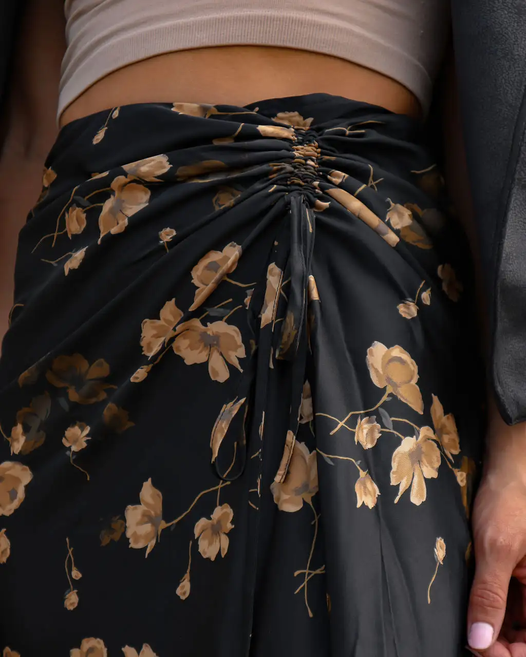 BLU-001 Golden Kind Satin Floral Ruched Midi Skirt - FINAL SALE 4 BLU-001 Golden Kind Satin Floral Ruched Midi Skirt - FINAL SALE - Image 4