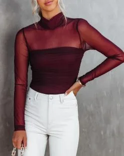 SKYL-002 Irresistible Me Mock Neck Sheer Ruched Bodysuit - Merlot - FINAL SALE -clothes Sales IrresistibleMeMockNeckSheerRuchedBodysuitMerlot67