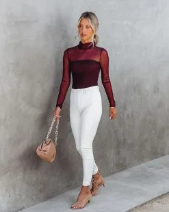 SKYL-002 Irresistible Me Mock Neck Sheer Ruched Bodysuit - Merlot - FINAL SALE -clothes Sales IrresistibleMeMockNeckSheerRuchedBodysuitMerlot98