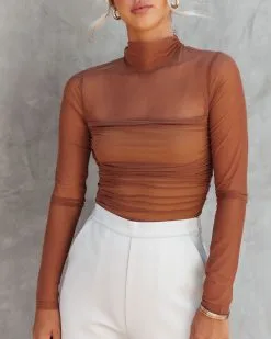 SKYL-002 Irresistible Me Mock Neck Sheer Ruched Bodysuit - Toffee - FINAL SALE 13 SKYL-002 Irresistible Me Mock Neck Sheer Ruched Bodysuit - Toffee - FINAL SALE -clothes Sales IrresistibleMeMockNeckSheerRuchedBodysuitToffee70