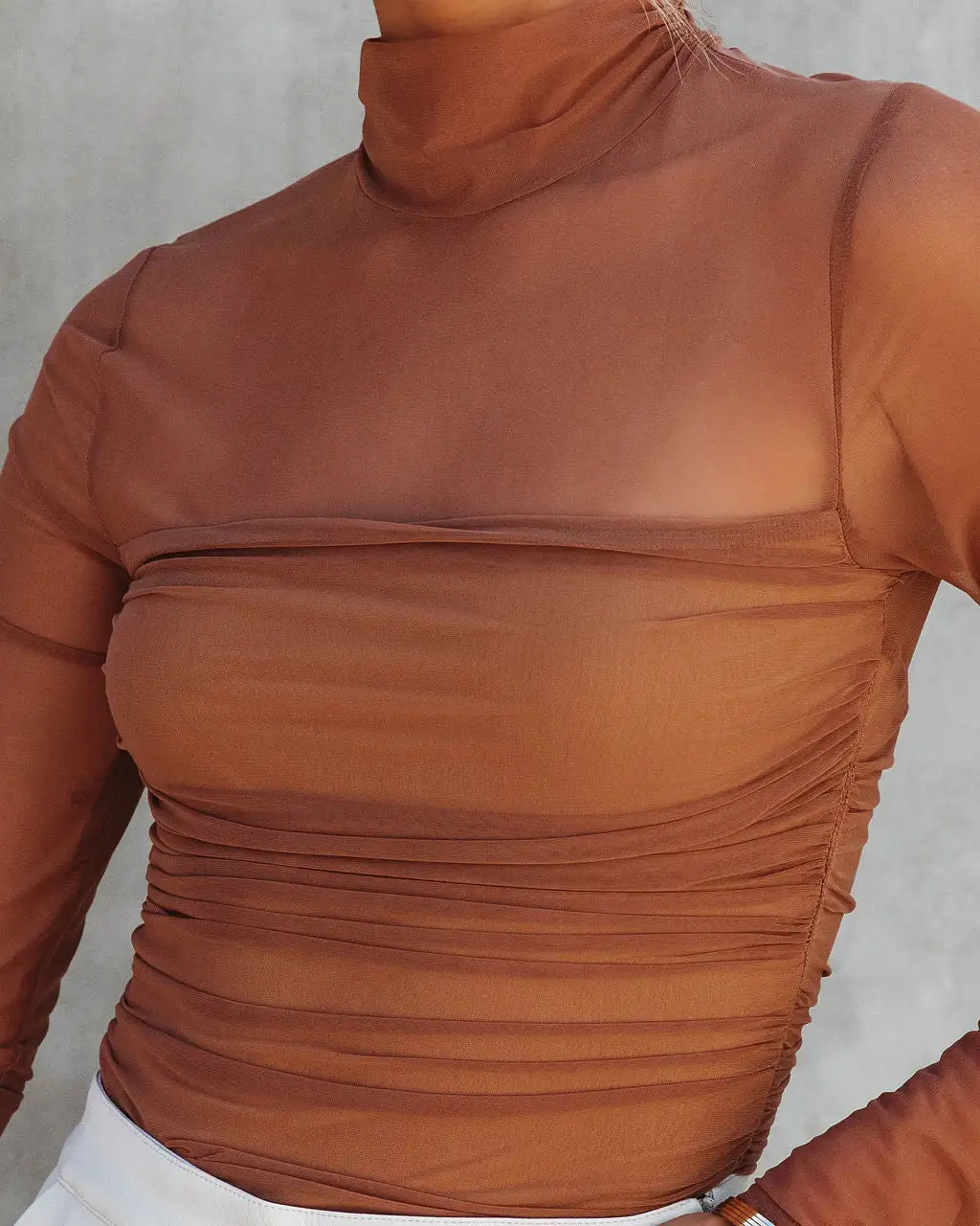SKYL-002 Irresistible Me Mock Neck Sheer Ruched Bodysuit - Toffee - FINAL SALE 2 SKYL-002 Irresistible Me Mock Neck Sheer Ruched Bodysuit - Toffee - FINAL SALE - Image 2