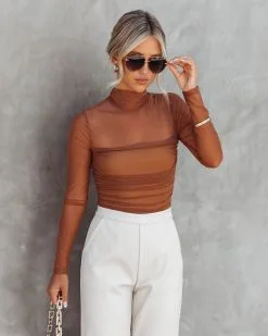 SKYL-002 Irresistible Me Mock Neck Sheer Ruched Bodysuit - Toffee - FINAL SALE 11 SKYL-002 Irresistible Me Mock Neck Sheer Ruched Bodysuit - Toffee - FINAL SALE -clothes Sales IrresistibleMeMockNeckSheerRuchedBodysuitToffee96
