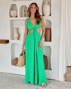Island Escapades Cotton Blend Textured Cutout Maxi Dress - Green - SALE