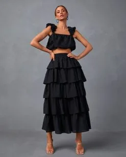 ENDL-001 Easy To Love Tiered Midi Skirt - Black -clothes Sales JJ1689T BLACK7990