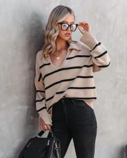 Jessie Striped Knit Collared Pullover Sweater -clothes Sales JessieStripedCollaredPulloverSweater92