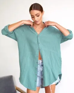 Kennedy Cotton Pocketed Button Down Tunic - Green