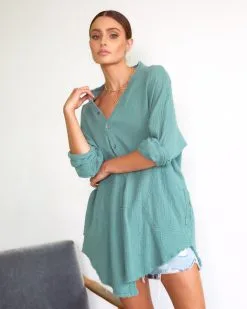 Kennedy Cotton Pocketed Button Down Tunic - Green -clothes Sales KENNEDYCOTTONPOCKETEDBUTTONDOWNTUNIC GREEN00700198