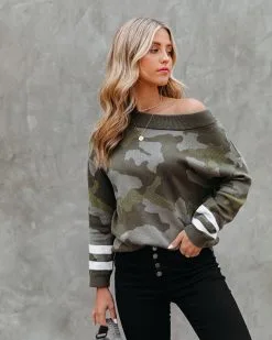 Kalista Cotton Boat Neck Camo Sweater - Olive - FINAL SALE
