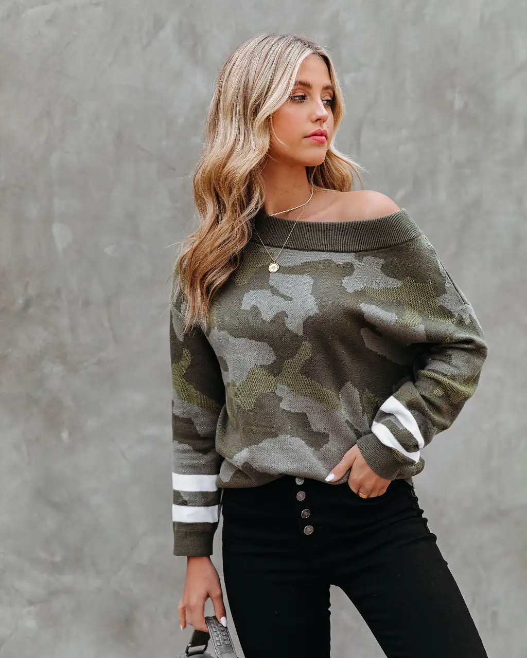 Kalista Cotton Boat Neck Camo Sweater - Olive - FINAL SALE 1 Kalista Cotton Boat Neck Camo Sweater - Olive - FINAL SALE