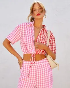 DEE-001 Kamala Gingham Textured Crop Top - Pink/Red 13 DEE-001 Kamala Gingham Textured Crop Top - Pink/Red -clothes Sales Kamalaginghamtexturedtwopiecepink10200331