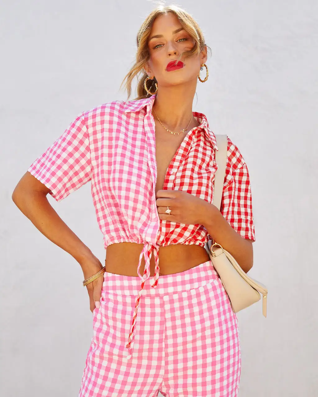 DEE-001 Kamala Gingham Textured Crop Top - Pink/Red 7 DEE-001 Kamala Gingham Textured Crop Top - Pink/Red - Image 7